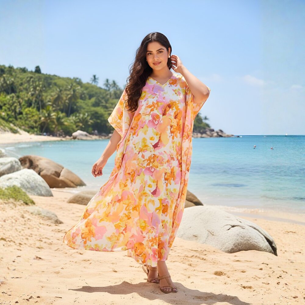 Gypsie Blu Lightweight Floral Printed Caftan Maxi Dress Kimono Sleeve Night Gown